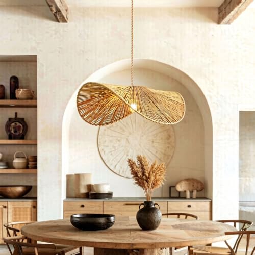 Lampe suspendue bohème en rotin tressé main et lin haut de gamme