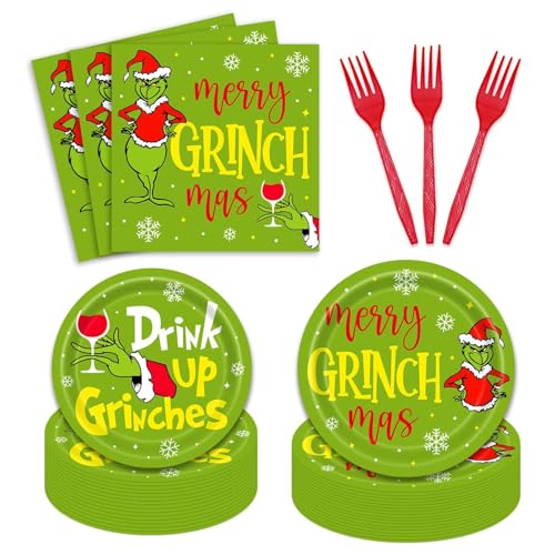 96Pcs Grinchmas Party Supplies Merry Christmas Whoville Winter Holiday Paper Plates and Napkin Tableware Set Xmas Gift for 24 Guests