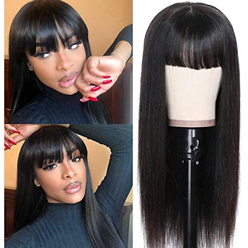 Crissel Straight Human Hair Wigs with Bangs, Unprocessed Virgin Human Hair 150% Density No Lace Front Human Hair Wigs Glueless Silky Machine Made Wigs for Black Women Natural Color(16 Inch)
