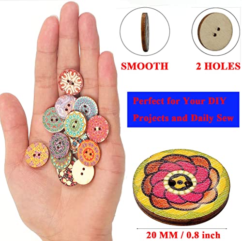 Buttons For Sewing Supplies-100 Pcs Crafts Assorted Wooden Large Button-2 Hole Handmade Shirt Buckle Ornament Retro Snap For Clothes Diy & Holiday Decoration-Mix Round Flower Painting Sewing Clasp #TOP1
