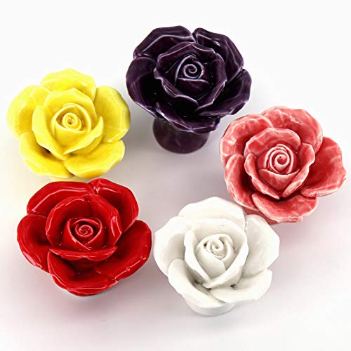 8xUnique Rose Flower Knobs Cabinet Drawer Pulls Dresser Cupboard Door Knobs Handle Furniture Hardware Kit Nursery Home Decor - (Color: Red)