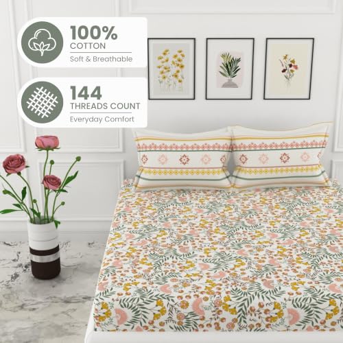 Image of LORETO - A QUALITY LINEN BRAND 144 TC 100% Pure Cotton Double /Queen Fitted Bedsheet with 2 Pillow Covers for 72 x 60 Inch Mattress, All-Around Elastic, 8 Inch Deep Pocket, Ditsy Fresh Floral