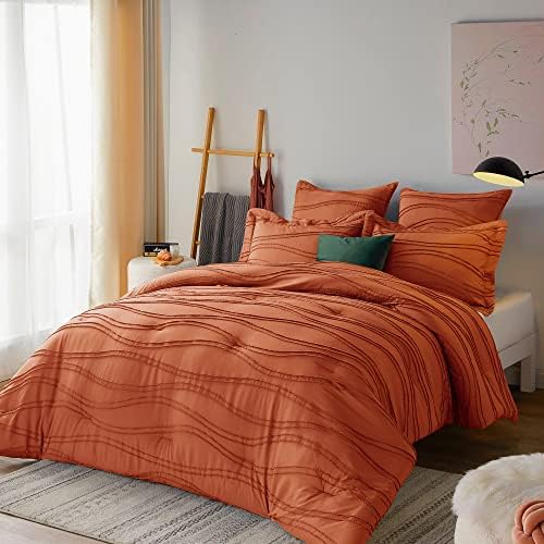Gemarwel Burnt Orange Boho Comforter Sets King Size - 3 Piece Bohemian Shabby Chic Farmhouse King Bedding Sets, Jacquard Comforter Queen Set with 2 Pillow Sham (Rust, 102x90 inches)