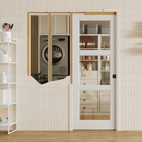 Image of Sliding Pocket Door with Lock, 32 inch x 80 inch, 3-Lite Clear Tempered Glass Pocket Doors with Frame and Hardware Kit Set, Interior Door Slab, White Primed - No Panel Assembly Required