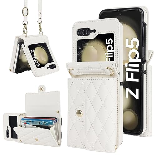 for Samsung Galaxy Z Flip 5 Accordion Crossbody Wallet Case, 4 Card Slots, RFID Blocking, and Adjustable Strap - Stylish and Versatile Accessory for The Modern, Chic Woman (White)