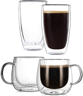 CNGLASS 10oz(2-pack) Double Wall Coffee Glass Mugs and 13.5oz(2-pack) Glass Cups