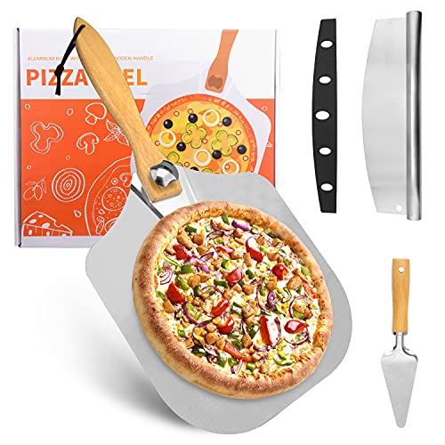 Beusoft Aluminum Pizza Peel Set, Pizza Paddle with Foldable Wood Handle, Stainless Steel Pizza Rocker Cutter and Pizza Spatula Server for Baking Homemade Pizza Bread Pastry Cake Meat