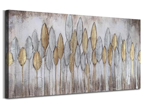 Acocifi Beige Neutral Canvas Wall Art Living Room, Minimalist Gold Leaf Textured Painting, Large Modern Picture Artwork Framed for Bedroom Dining Room Office Home Decor 40'x20'