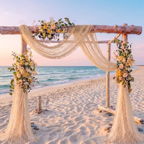 Image of HunnmingRe 2 Panel Beige Wedding Arch Draping Fabric Summer 30 inch X 18 FT Lace Wedding Arch Drapery Embroidered Boho Rustic Backdrop Vintage Decor for Bridal Shower Church Ceremony Decoration