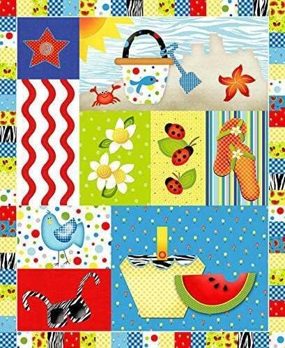 FlashPhoenix Quality Sewing Fabric –Celebrate Summer Watermelon Beach Ladybug Sun 100% Cotton Fabric 35 x 44 Inches Panel