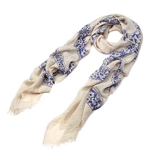TrendsBlue Elegant Viscose Cross Floral Frayed End Scarf Wrap2