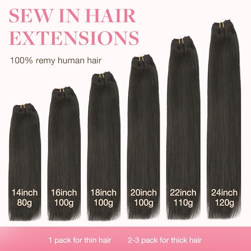 Image of GOO GOO Sew in Hair Extensions Real Human Hair, Weft Hair Extensions Human Hair, 1C Mocha Brown 14Inch 80g, Weft Bundles Straight Silky Remy Hair