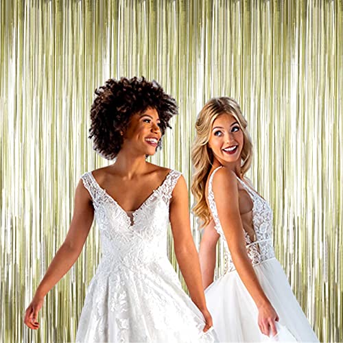 Image of 4 Pack Light Gold Foil Fringe Curtain Backdrop, 3.28Ft x 8.2Ft Metallic Tinsel Foil Fringe Streamer Curtains for Party, Photo Booth Props, Birthday, 2022 Graduation Party Supplies
