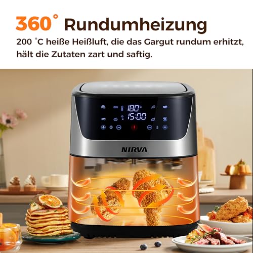 Nirva Heißluftfritteuse 8,5 L, ölfrei, 1700W große Airfryer, Rösten, Backen, Air Fry, Antihaftbeschichtet, Spülmaschinenfester Korb, Sichtfenster, Schwarz/Edelstahl, Für Einzelpersonen oder Familien – Bild 3
