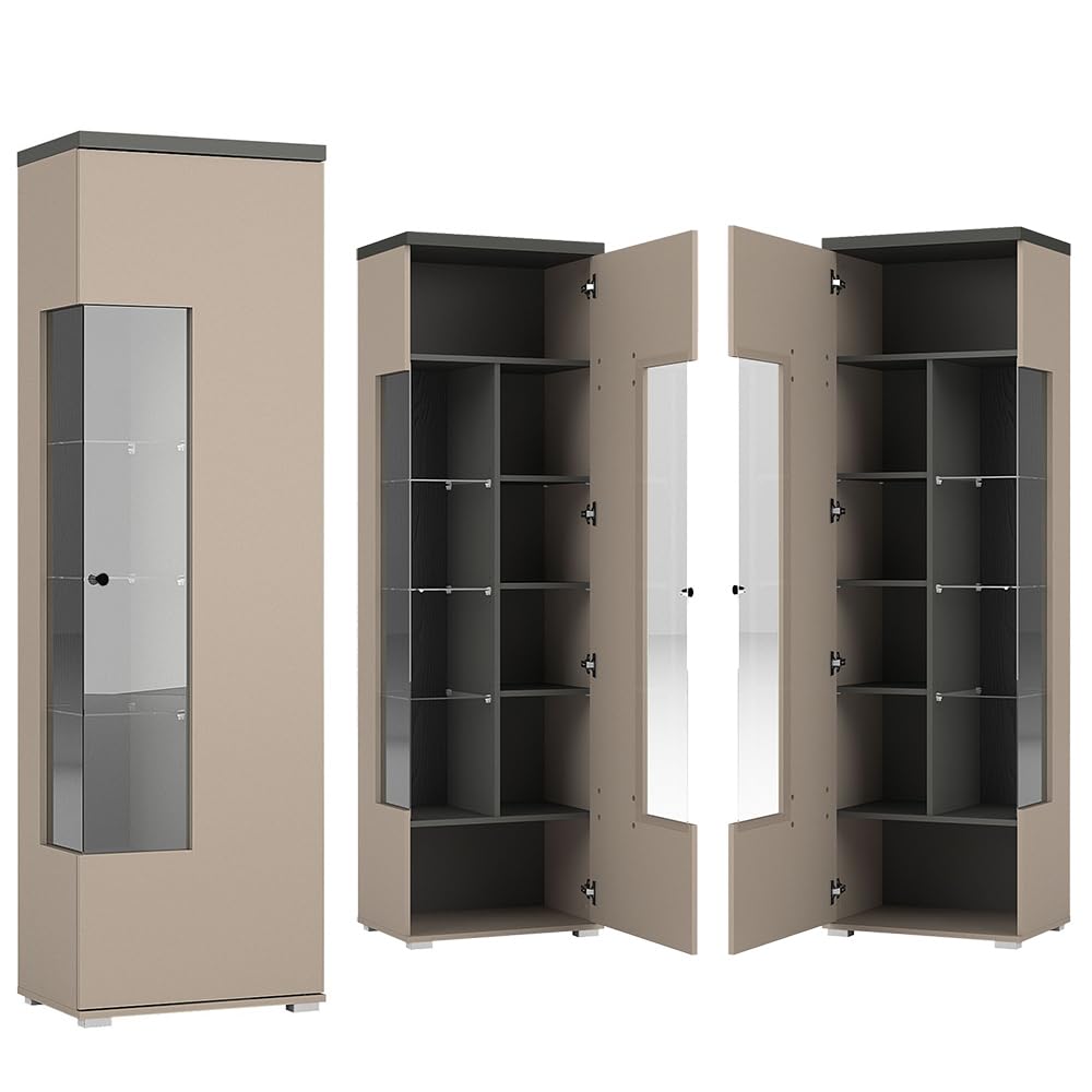 Wohnzimmer Set 3-teilig in beige mit anthrazit Wohnwand Couchtisch Vitrine