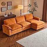 VINGLI 122' Cloud Double-Layer Deep Convertible Sectional Sofa, Comfy L-Shape 3-Seat Couches for Living Room, Modern Couch with Movable Ottoman for Small Space, Burnt Orange, Chenille