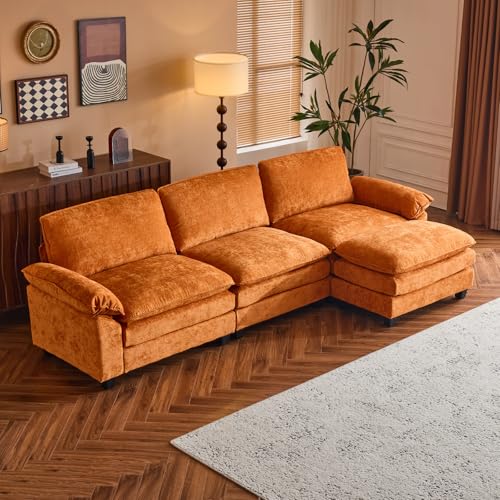 VINGLI 122' Cloud Double-Layer Deep Convertible Sectional Sofa, Comfy L-Shape 3-Seat Couches for Living Room, Modern Couch with Movable Ottoman for Small Space, Burnt Orange, Chenille