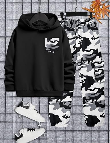 Image of KANGKANG Boys Clothes Two Piece Long Sleeve Hooded Sweatshirt Top Camouflage Sweatpants Fall Outfits Winter Clothes Set 6-16Y