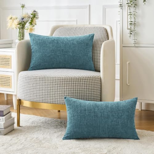 Image of MIULEE Soft Chenille Lumbar Throw Pillow Covers Blue Ashes 12x20 Pack of 2 | Modern Coastal Home Decor, Classic Decorative Pillows, Solid Dyed Cases, Boho Couch Cushion Covers for Sofa Bed Living Room