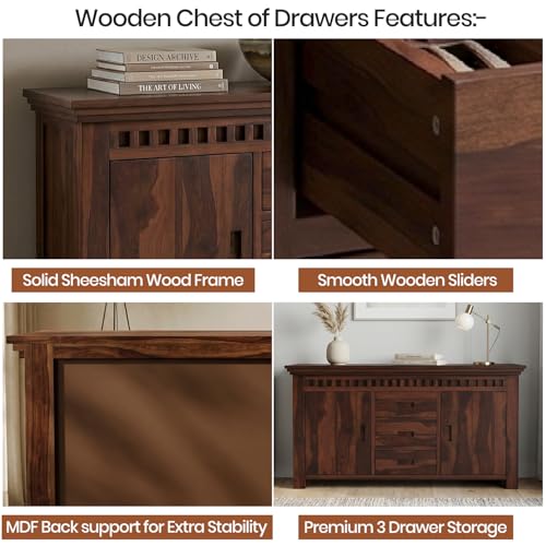 Image of SHIKHA WOOD CRAFT Solid Sheesham Wood Sideboard Cabinet with 2 Doors and 3 Drawers | Wooden Kitchen Cabinet, Crockery Unit, Dining Room Organizer, Living Room Storage Furniture (Kuber Walnut Finish)