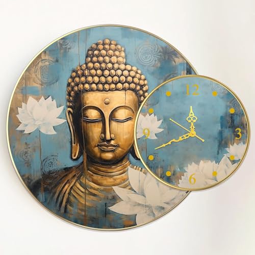 Image of PAINTINGMANTRA Meditating Lord Buddha Round Wall Painting with Clock for Living Room Decoration, Clock with Painting Gold Metal Finish Stylish Large Art Print (28x22 Inch)