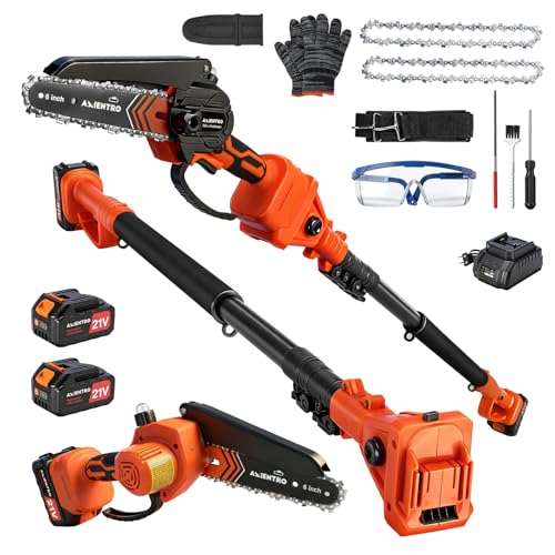 Axientro Electric Pole Saws for Tree Trimming, 2-in-1 Mini Chainsaw & Pole Saw, 6-in Electric Chainsaw Cordless with Extendsion Pole, 2x4000mAh Li Batteries & Charger, 16FT Max Reach