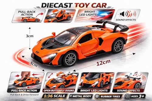 Image of 1:32 Scale Mc-Laren Model Super Car - Exclusive Alloy Metal Pullback Toy with Openable Doors, Lights, and Music for Kids (Orange)