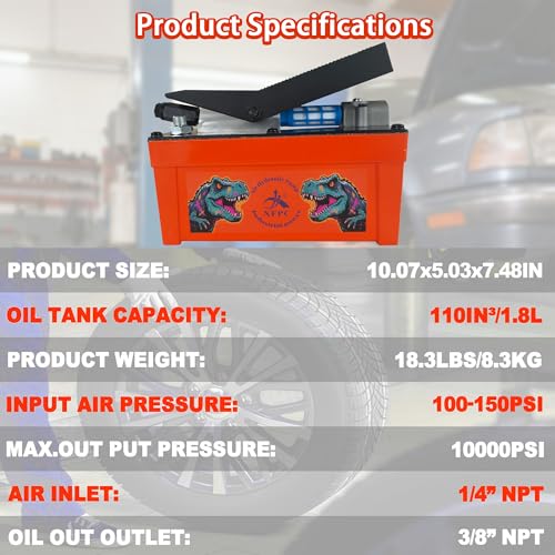 Image of Air Hydraulic Pump 0.45 Gal 10,000 PSI Reservoir NPT 3 /8 inch Oil Outlet, NPT 1 /4 inch Inlet, Air Hydraulic Foot Pump Made of Aluminum with 6.6ft Hydraulic Hose and 4.1ft Pneumatic Hose,Orange Red