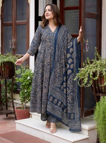 Image of ANNI Designer Women Printed Anarkali Kurta Palazzo Dupatta Set | Viscose Blend Ethnic Outfit | Flared Kurti with Bottom Wear