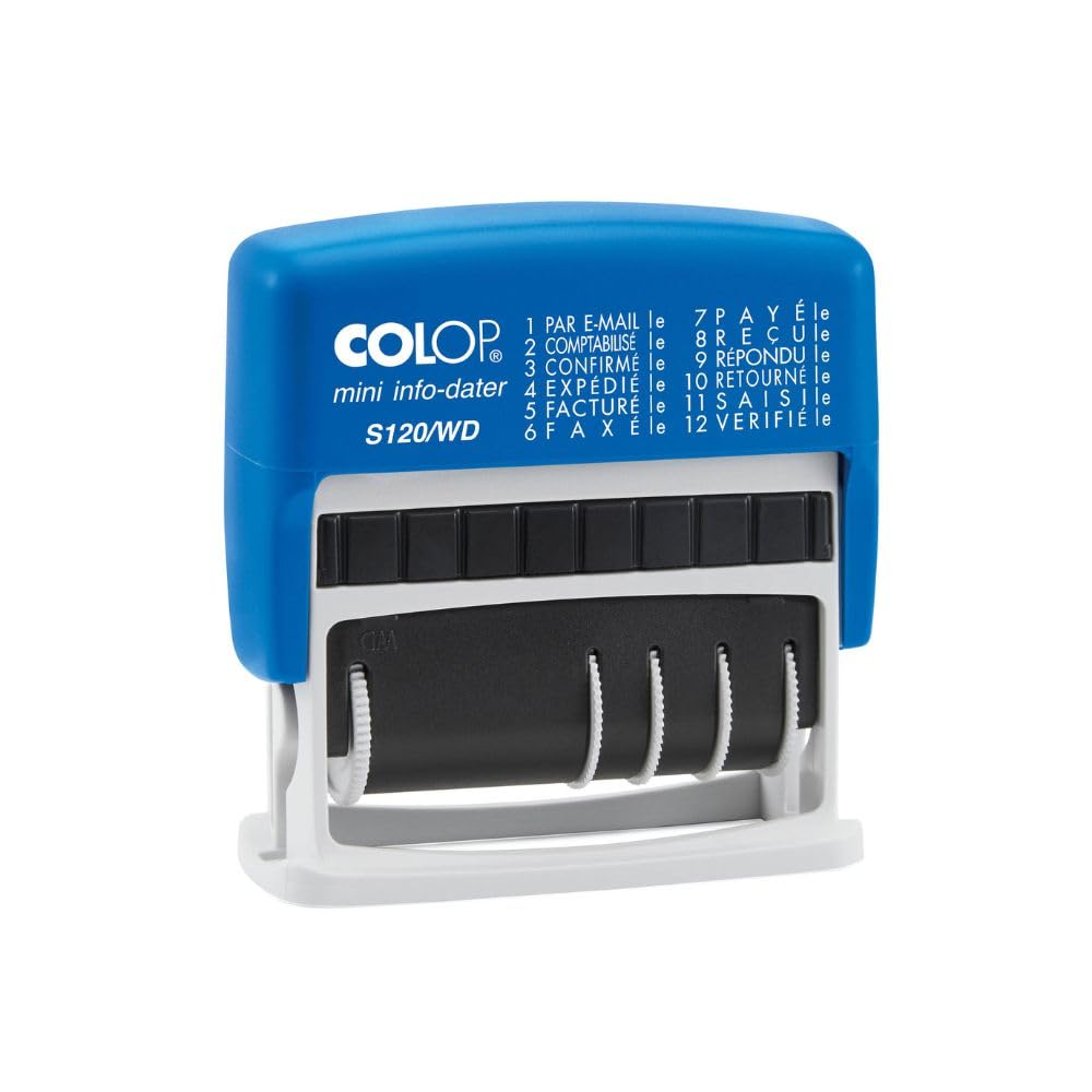 Dateur multiformules 12 formules à encrage automatique S120WD - hauteur des caractères 4 mm | Date en français (bande de 12 ans) avec 12 textes. Empreinte bicolore, idéal pour les fournitures de bureau.