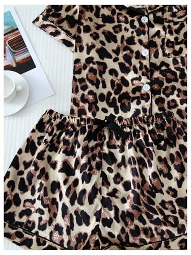 Image of SHENHE Women's 2 Piece Satin Pajama Set Leopard Short Sleeve Button Down Pj Shorts Set