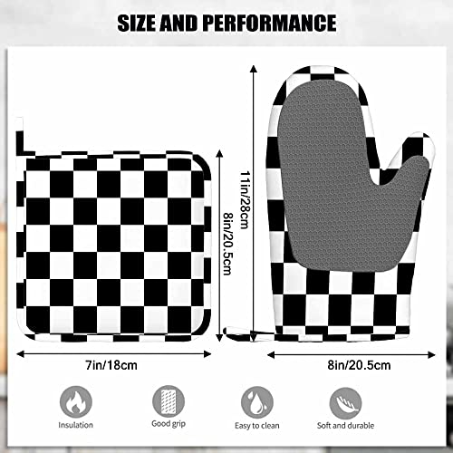 Mxocom Checkerboard Oven Mitt And Pot Holder With Silicone Black And White Geometric Checkered Plaid Pattern Heat Resistant Kitchen For Cooking Bbq Baking Grilling Spring/Summer #TOP2
