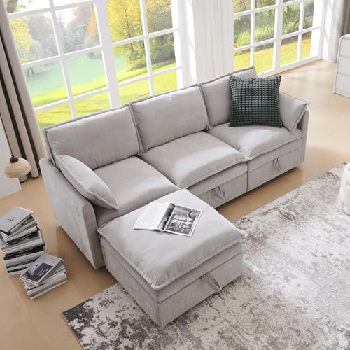 Image of 85.83 inch Cloud Couch Sectional with Storage Ottoman, Sectional Couches for Living Room, U-Shape Modular Sectional Sofa with 5 Seater Chenille Sofa and Pillow for Apartment, Bedroom,Light Grey