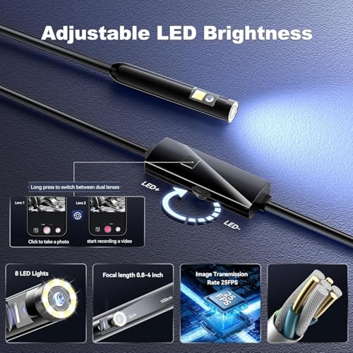 Image of Clefairy Endoscope Camera with Light, Dual-Lens 1280P HD Borescope Tools with 6 Adjustable LED Lights, 16.4FT Semi-Rigid Snake Cord IP67 Waterproof Inspection Camera for iPhone, iPad and Android Phone