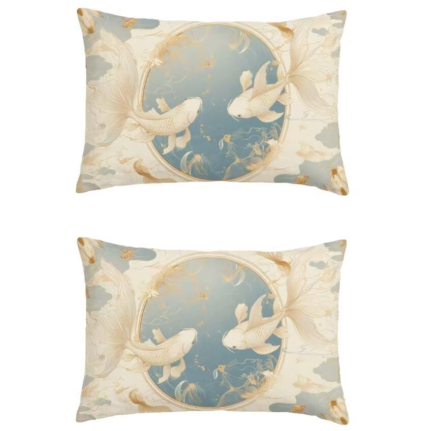 Housse coussin exterieur 60x90cm lin bleu motif poisson