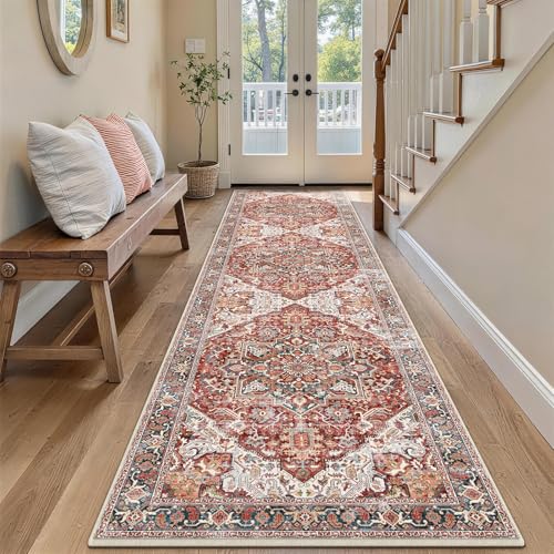 Image of XSIVOD Non Slip Washable Runner Rugs for Hallway, 60x240cm, Orange/Red