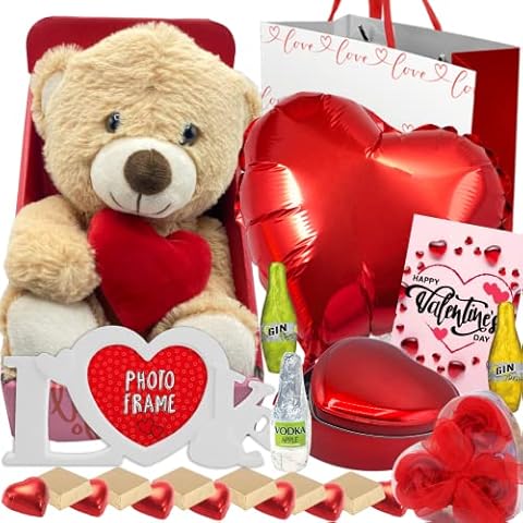 Valentines Hampers for Her / Him - Valentines Teddy Bear, Reusable Heart Tin with Valentines Chocolate, Photo Frame, Balloon, Large Gift Bag, Valentines Card - Valentines Gifts for Men and Women Cover