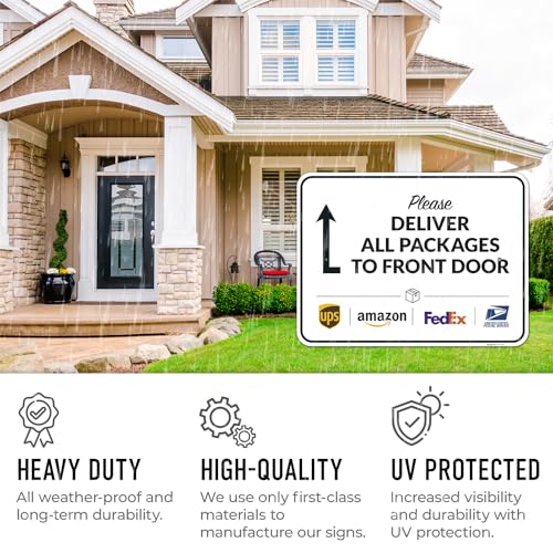 Image of Package Delivery Sign, Delivery Instructions Deliver All Package to Front Door Up Arrow Sign, 18x24 Inches, Rust Free .063 Aluminum, Fade Resistant, Made in USA by Sigo Signs
