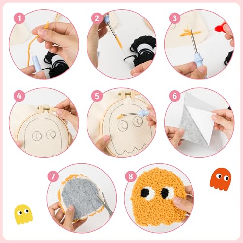 Image of ERguanfoiun 6Set Game Ghost Punch Needle Coaster Kit - Easy DIY Punch Needle Embroidery for Beginners, Game Pattern Rug Tufting Adhesive Felt Fabric Hoop Yarn Tool Instruction, Art Craft Supplies Gift