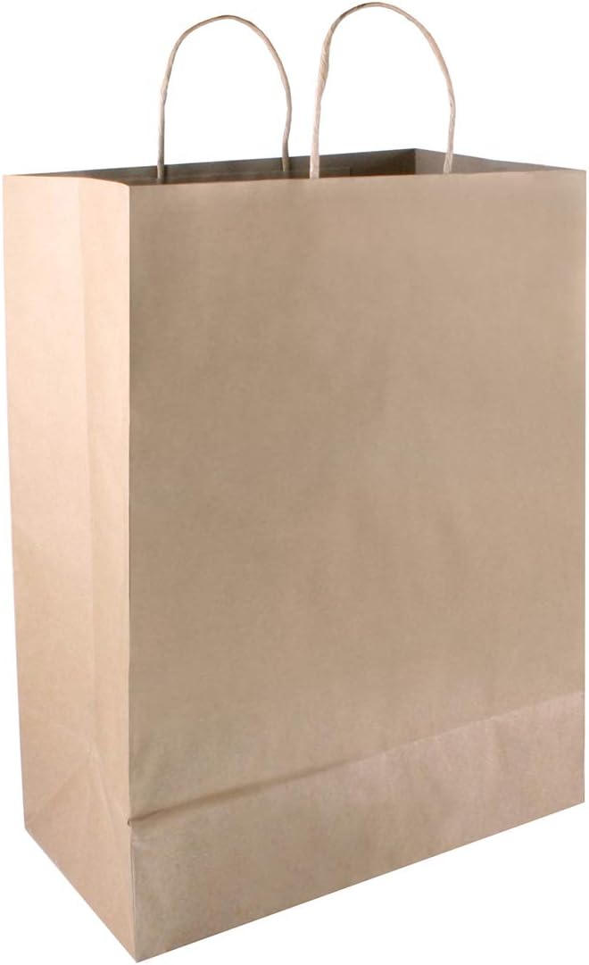 2000 Plus Premium Shopping Bag with Handles, 10" x 4.5" x 13", Brown Kraft, 50/Box (091565)