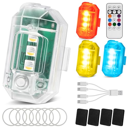 Image of Benlari High Brightness Infrared Remote Control LED Strobe Lights, 8 Colors Rechargeable Anti-Collision RGB LED Emergency Warning Lights for Car Motorcycle Bike Drone Aircraft（4pcs）