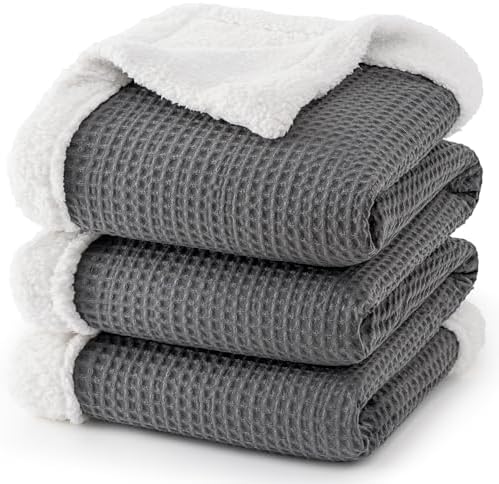 PHF Waffle Sherpa Blanket Twin Size, 60x80 Inches Luxury Plush Flannel Fleece Blanket for Winter, No Shed No Pilling, Cozy Soft & Reversible Waffle Weave Bedding for Home Decor, Grey