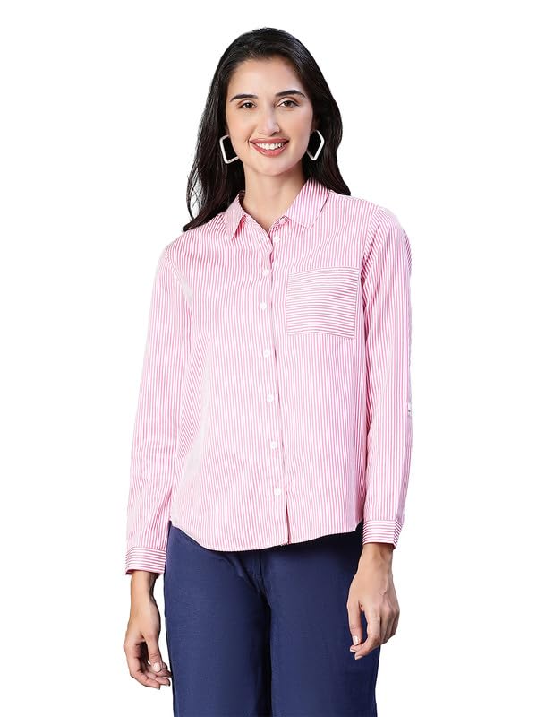 Image of Oxolloxo Women Stripe Print Soild Pink Collared Cotton Shirt