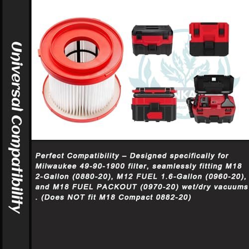 Image of 1 Pack 49-90-1900 HEPA Filter Replacement Compatible with Milwaukee Wet /Dry M18 Vacuum Cordless 0780-20 0880-20, 0960-20, 0970-20, Includes 2 Foam Sleeve Filters & 1 Brush(Not for 0882-20)