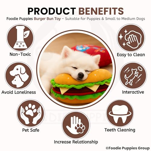 Image of Foodie Puppies Dog Squeaky Plush Toy - (BurgerBun) | Durable, Bite-Resistant & Soft Stuffed Chew Toy | Safe, Fun & Interactive for Playtime, Dental Exercise & Teething for Small to Medium Dogs (8cm)