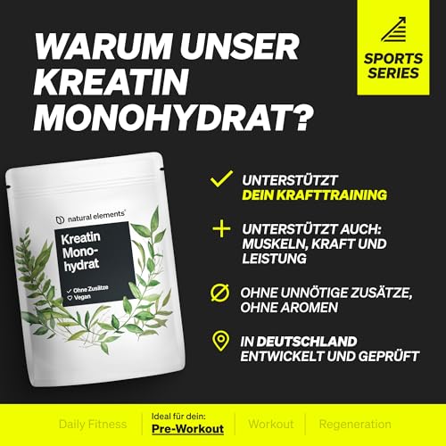 natural elements Creatin Monohydrat 2er Set – 2x 500g ultrafeines Pulver (Meshfaktor 200) – 332 Portionen reines Kreatin – hochdosiert – vegan, ohne unnötige Zusätze – laborgeprüfte Qualität 3