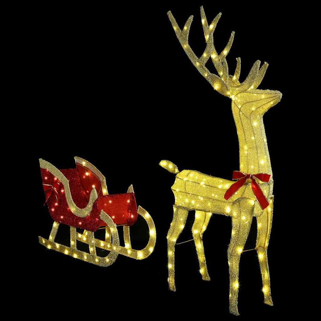 Rentier Zieh Schlitten Stoff mit warmweißen LED-Lichtern 151 x 28 x 128,5 cm, wetterfest, USB betrieben, mit roter Schleife, Weihnachtsdeko für Wohnzimmer und geschützten Außenbereich