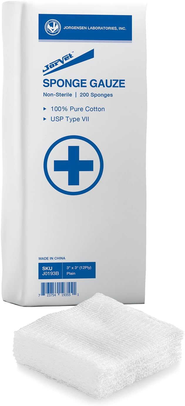 JorVet Premium 4" X 4" Cotton Sponge Gauze Pads | High Absorbency, USP Grade Sponges for First Aid | Gentle Wound Care Sponges for Veterinary Use | Trusted by Pros & Made for Comfort | 200 Count
