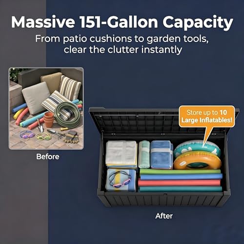 Image of 151 Gallon Resin Deck Box with Lockable Lid - Heavy-Duty Outdoor Storage for Patio Furniture, Garden Tools, Pool Accessories, BBQ Supplies - All-Weather Wood Grain Design