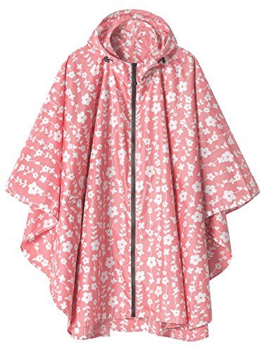 Waterproof Rain Poncho Jacket Coat for Adults Hooded with Zipper(Pink Floral)